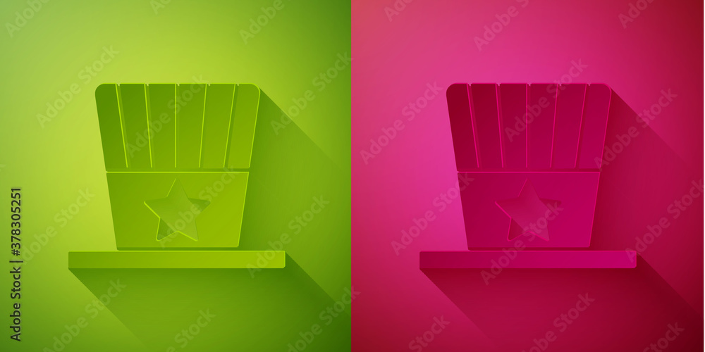 Paper cut Patriotic American top hat icon isolated on green and pink background. Uncle Sam hat. American hat independence day. Paper art style. Vector. Paper cut Patriotic American top hat icon isolated on green and pink background. Uncle Sam hat. American hat independence day. Paper art style. Vector.