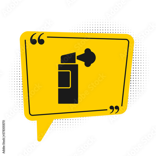Black Pepper spray icon isolated on white background. OC gas. Capsicum self defense aerosol. Yellow speech bubble symbol. Vector.