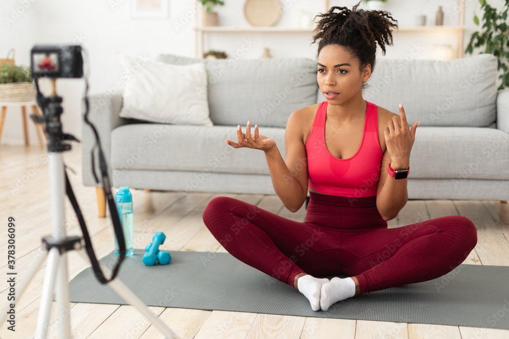 African American Blogger Girl Making Workout Video At Home African American Blogger Girl Making Workout Video At Home