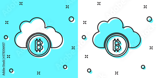 Black line Cryptocurrency cloud mining icon isolated on green and white background. Blockchain technology, bitcoin, digital money market, cryptocoin wallet. Random dynamic shapes. Vector.