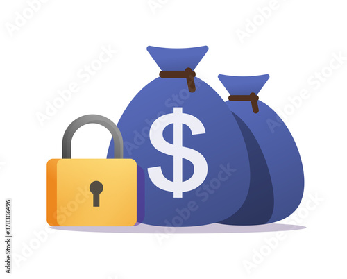 Money account locked or blocked via padlock lock access icon vector flat illustration, closed or arrested finances symbol concept, idea of cash secure protection, private safe bank deposit modern