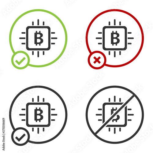 Black CPU mining farm icon isolated on white background. Bitcoin sign inside processor. Cryptocurrency mining community. Digital money. Circle button. Vector.