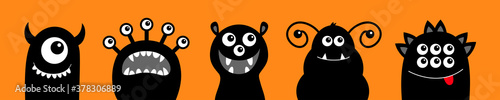 Monster icon set line. Happy Halloween. Cute cartoon kawaii baby character. Funny face head black silhouette. Eyes teeth fang tongue. Flat design. Orange background.