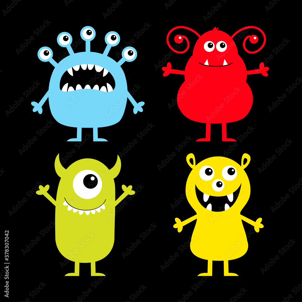 Happy Halloween. Monster icon set. Cute cartoon kawaii baby character. Funny face head colorful silhouette. Eyes teeth fang tongue, holding hands up down. Flat design. Black background.