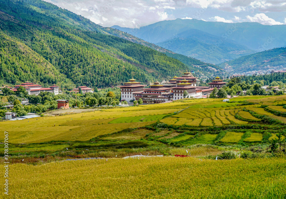 Bhutan, Tashichho Dzong in Thimphu. Surrounded by yellow rice fields, River and mountains