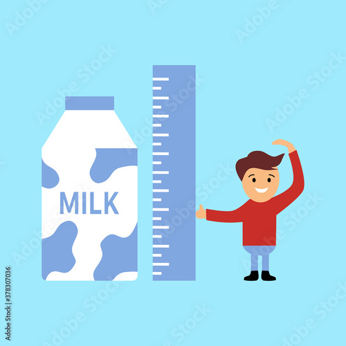 Boy drink milk for health and taller. He measuring his height. Healthcare lifestyle.