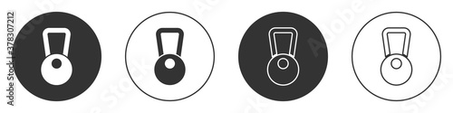 Black Kettlebell icon isolated on white background. Sport equipment. Circle button. Vector.