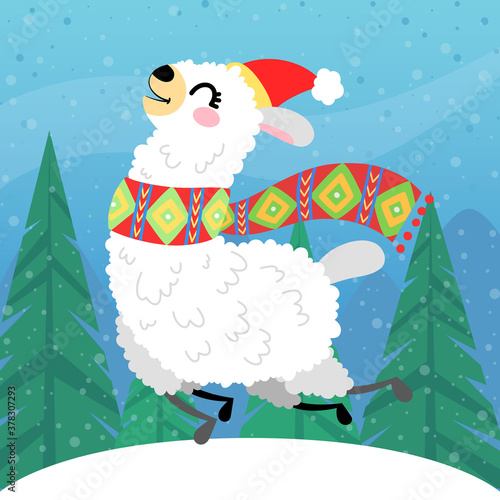 Vector llama in Christmas red hat. Alpaca greeting card in hand drawn style. Concept for invitation, poster, print, banner. Merry Christmas and happy new year.