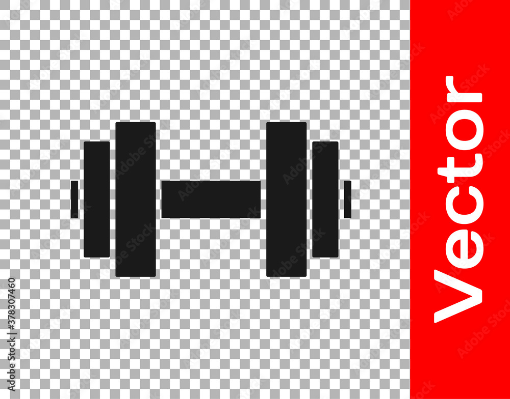 Obraz premium Black Dumbbell icon isolated on transparent background. Muscle lifting icon, fitness barbell, gym, sports equipment, exercise bumbbell. Vector.