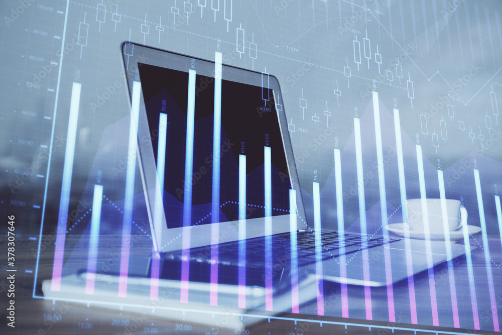 Stock market graph on background with desk and personal computer. Double exposure. Concept of financial analysis. Stock market graph on background with desk and personal computer. Double exposure. Concept of financial analysis.