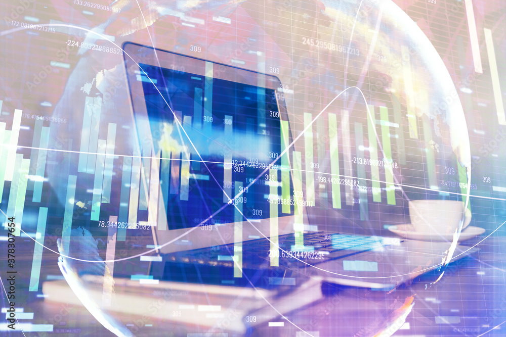 Multi exposure of business theme icons and table with computer background. Concept of success. Multi exposure of business theme icons and table with computer background. Concept of success.