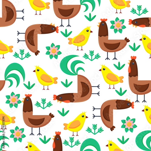 Seamless pattern chicken rooster chicks. Vector illustration