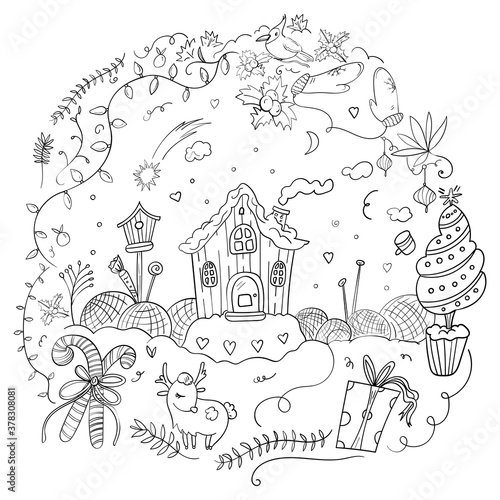 Fairytale illustration with sweets and magic elements. Christmas night. Coloring page or book.