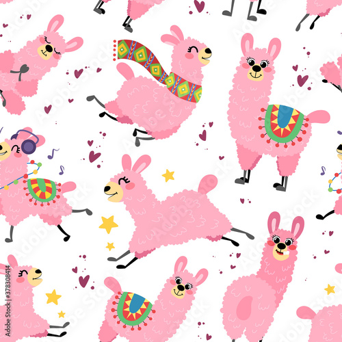 Seamless pattern with cartoon llamas. Alpaca vector texture on a white background. Background for children's and kids books, print, poster, stickers, fabric, wrapping paper.