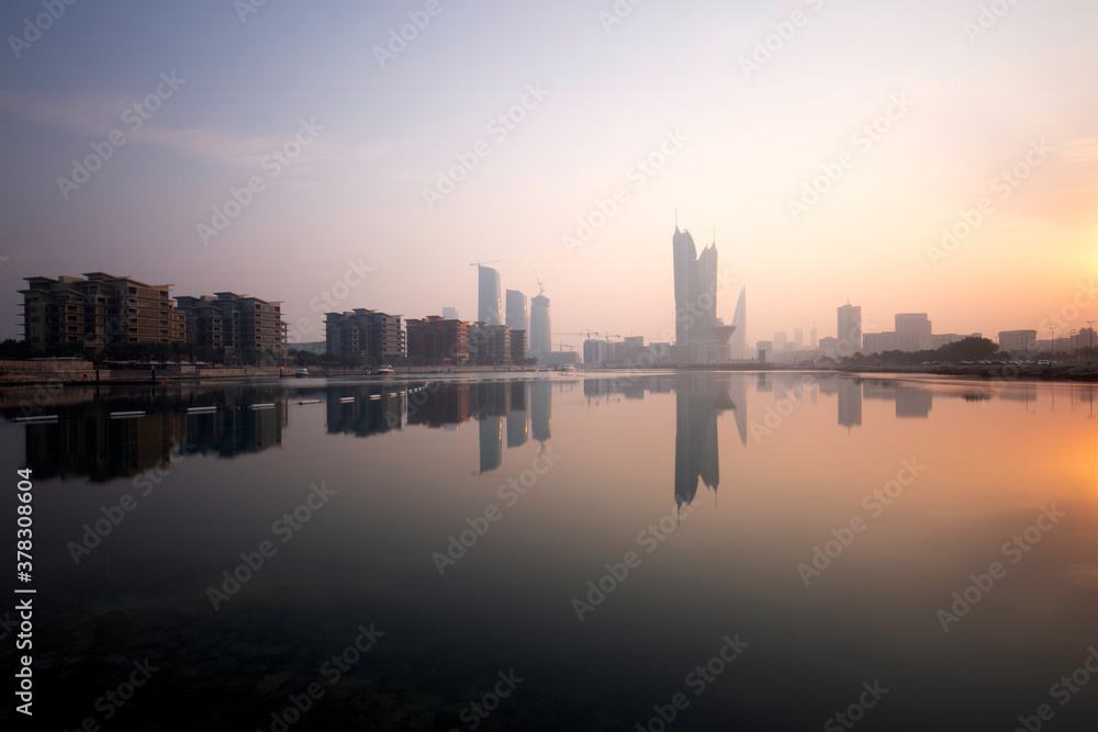 Bahrain skyline and beautiful hues at sunrise