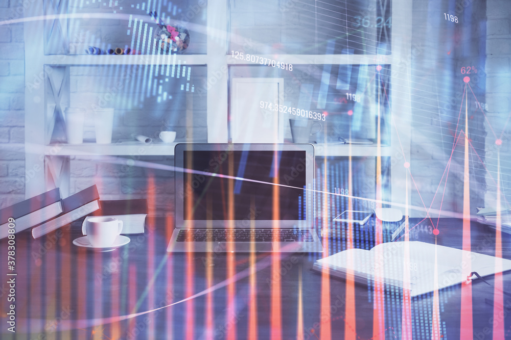 Forex market chart hologram and personal computer background. Double exposure. Concept of investment. Forex market chart hologram and personal computer background. Double exposure. Concept of investment.