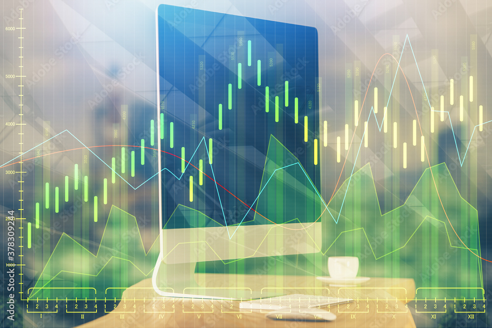 Multi exposure of chart and financial info and work space with computer background. Concept of international online trading. Multi exposure of chart and financial info and work space with computer background. Concept of international online trading.