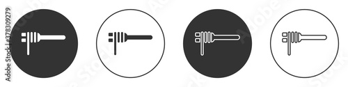 Black Pasta spaghetti on the fork icon isolated on white background. Italian restaurant. Circle button. Vector.