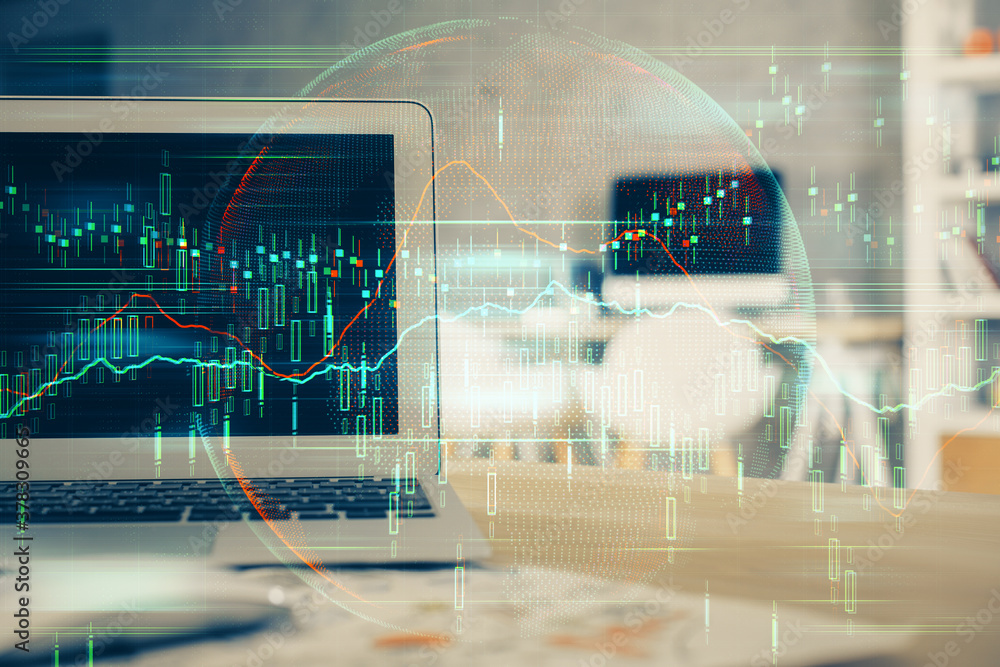 Double exposure of forex chart and work space with computer. Concept of international online trading. Double exposure of forex chart and work space with computer. Concept of international online trading.