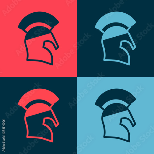 Pop art Greek helmet icon isolated on color background. Antiques helmet for head protection soldiers with a crest of feathers or horsehair. Vector.