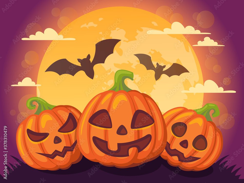 Happy Halloween. Background with pumpkin, moon, bat Happy Halloween. Background with pumpkin, moon, bat