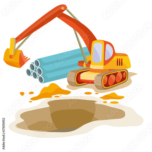 excavator on the background of iron pipes digs a large hole, cartoon illustration, isolated object on white background, vector illustration,