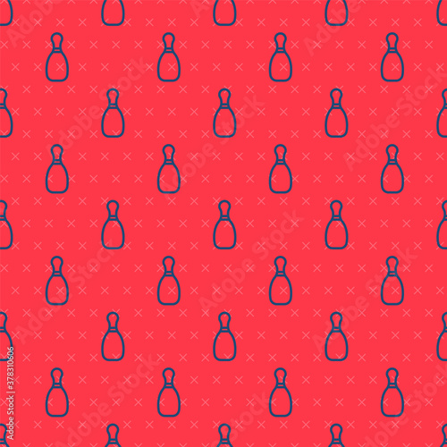 Blue line Bowling pin icon isolated seamless pattern on red background. Vector Illustration.