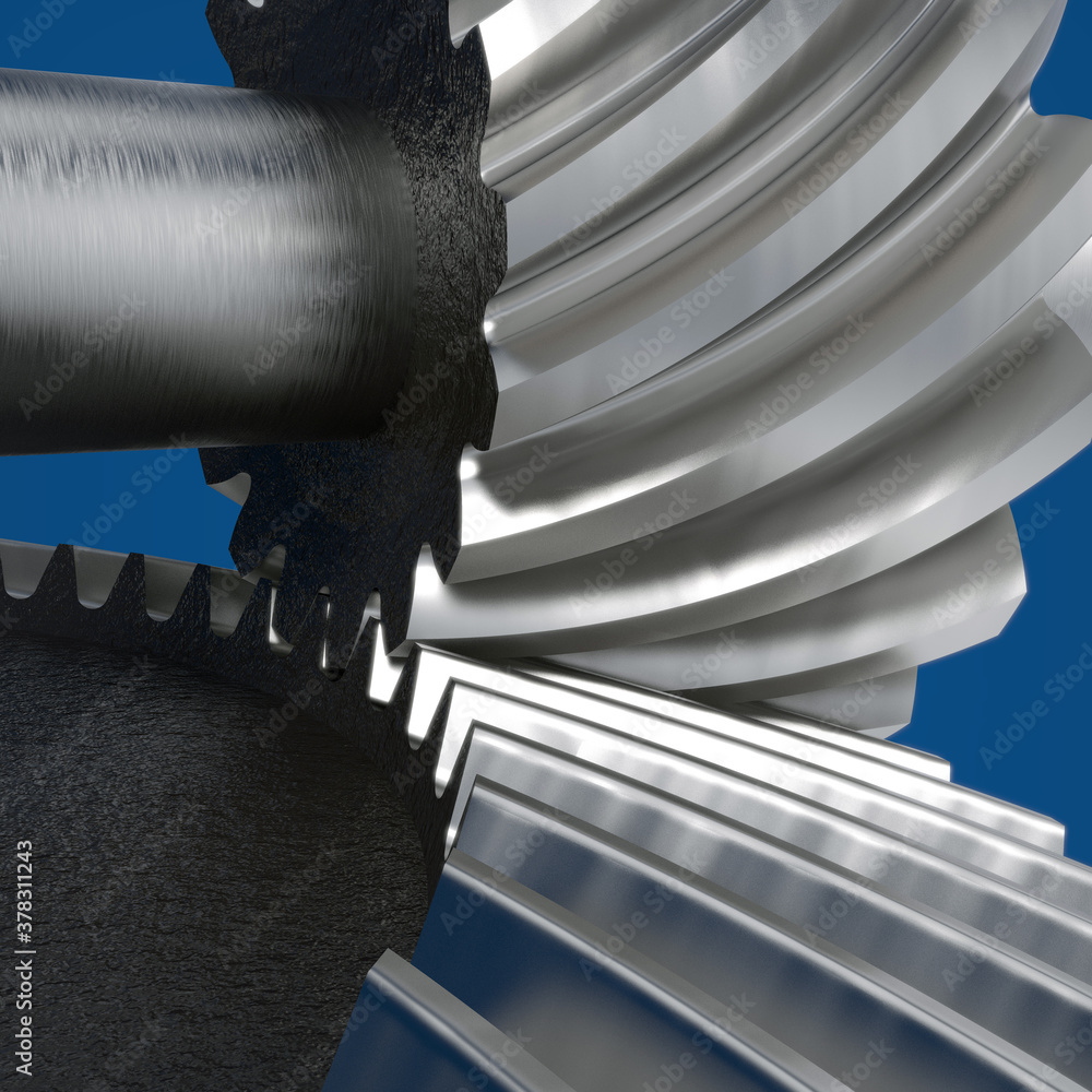 Hypoid Bevel Gearbox. Gears Closeup. Blue White and Black Concept of Business Process or