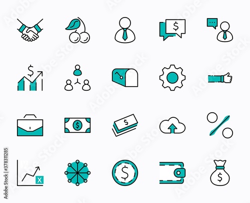 Set of Business vector line icons. It contains symbols of a handshake, a user, dollar pictograms, gears, a briefcase, a bag of money, a schedule and much more. Editable Stroke. 32x32 pixels.