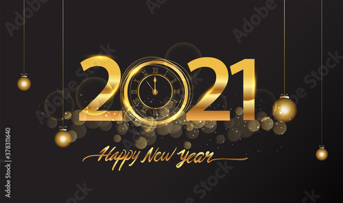 Happy New Year 2021 - New Year Shining background with gold clock and glitter.