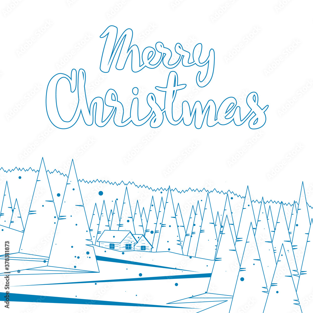 Winter line graphic landscape with two houses in forest and handwritten lettering of Merry Christmas on white background