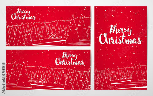 Three variants of layout design with line graphic landscape and handwritten lettering of Merry Christmas.