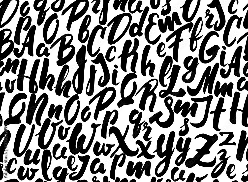 Seamless background pattern with black handwritten letters of the alphabet.
