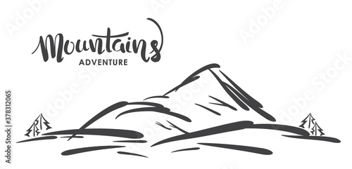 Vector illustration: Hand drawn sketch of mountain landscape with handwritten modern lettering of Mountains