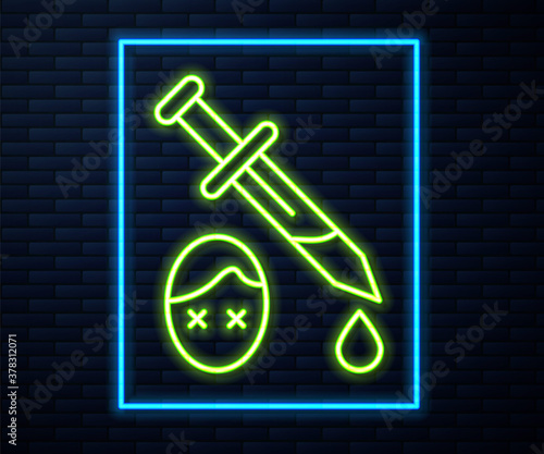 Glowing neon line Sword with blood icon isolated on brick wall background. Medieval weapons knight and soldier. Symbol of murder. Vector.