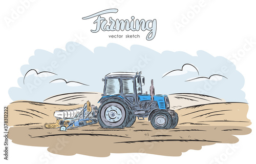 Hand drawn color sketch with tractor on field.