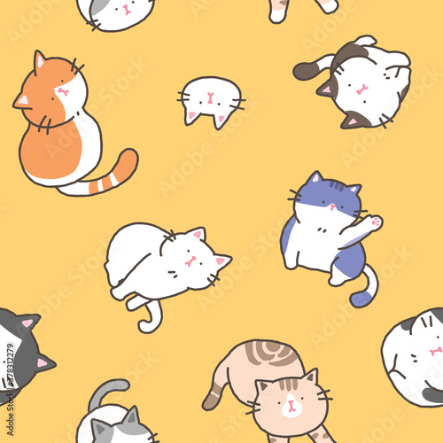 Seamless Pattern of Cartoon Cat Illustration Design on Yellow Background