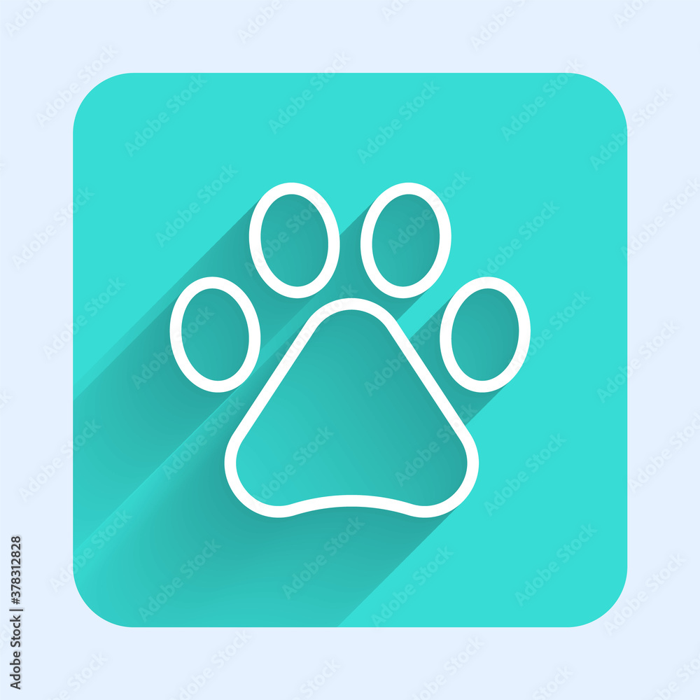 White line Paw print icon isolated with long shadow. Dog or cat paw print. Animal track. Green square button. Vector. White line Paw print icon isolated with long shadow. Dog or cat paw print. Animal track. Green square button. Vector.