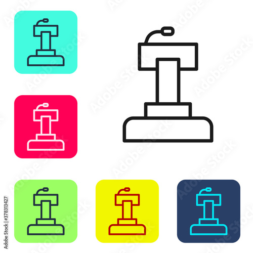 Black line Stage stand or debate podium rostrum icon isolated on white background. Conference speech tribune. Set icons in color square buttons. Vector.