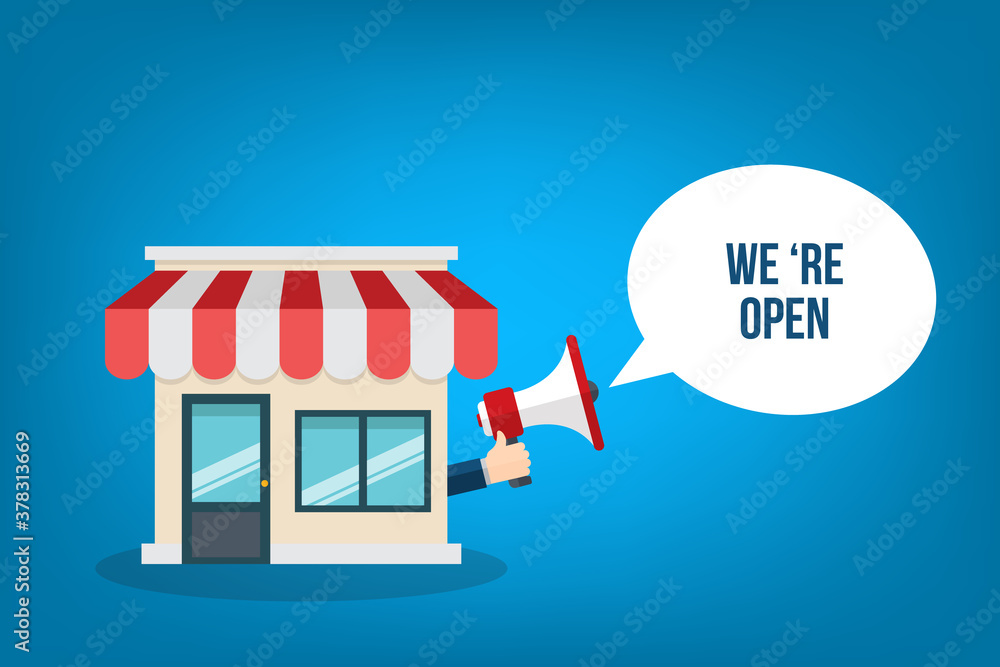 We 're open.Small Business Storefront. Retail. Vector illustration We 're open.Small Business Storefront. Retail. Vector illustration