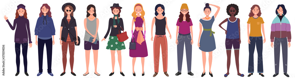 Set of women dressed in trendy casual clothes. Flat cartoon vector illustration