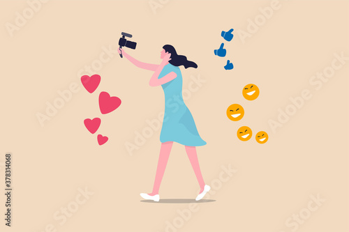 Blogger, vlog, influencer new digital age people broadcast or record their lifestyle to promote story on social media concept, beautiful young lady girl holding camera with love, like and happy sign.