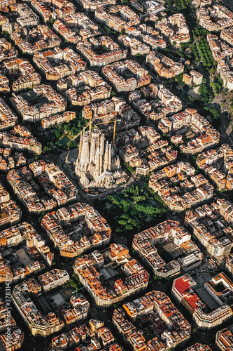 Photography Aerial view of the residential Eixample district of Barcelona, with the Sagrada