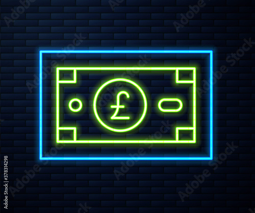 Glowing neon line Pound sterling money icon isolated on brick wall background. Pound GBP currency symbol. Vector.