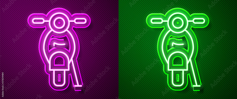 Glowing neon line Scooter icon isolated on purple and green background. Vector.