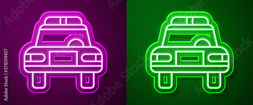 Glowing neon line Police car and police flasher icon isolated on purple and green background. Emergency flashing siren. Vector.