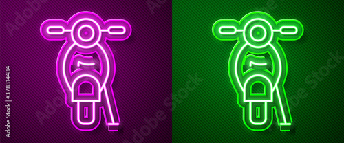 Glowing neon line Scooter icon isolated on purple and green background. Vector. © Kostiantyn