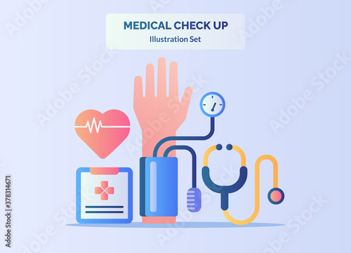 Medical check up concept heart beat hand tension meter stethoscope with flat cartoon style