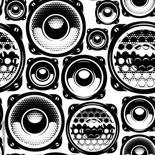 Background with speakers. Seamless pattern for design. Monochrome illustration