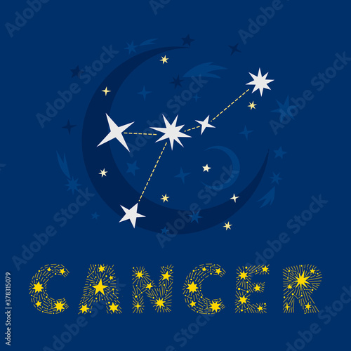 Hand drawn Cancer zodiac star constellation design. Abstract starry map of night sky with blue background and decorative lettering. Vector isolated illustration for posters, prints, birthday cards. photo